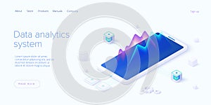 Predictive analytics in isometric vector illustration. Data mining, modelling and machine learning. Information statistics