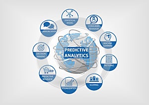 Predictive web and data analytics icons. Globe and world map with analytics components like consumer behavior, statistical