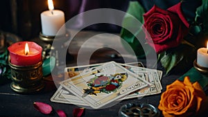Predictor of the future, tarot cards and roses in a consultation of a gypsy fortune teller. Concept of destiny and fortune