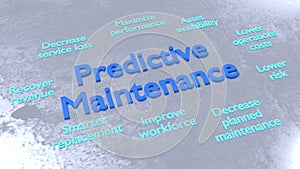 Predictve maintenance keywords surrounding big blue letters on m