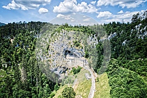 Predjama castle Slovenia the castle is a cave on a rock in HDR