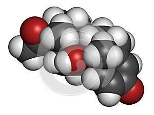 Prednisolone corticosteroid drug molecule. Atoms are represented as spheres with conventional color coding: hydrogen (white),