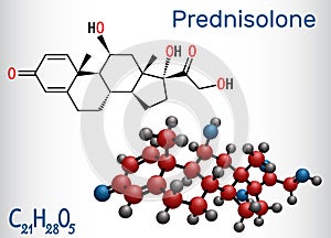 Prednisolone molecule. Is known as a corticosteroid or steroid medication. Structural chemical formula and molecule model