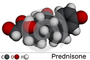 Prednisone molecule. Synthetic anti-inflammatory glucocorticoid derived from cortisone. Molecular model. 3D rendering photo