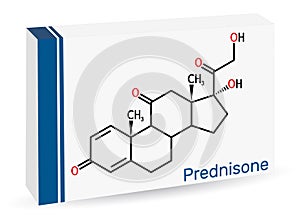 Prednisone molecule. Synthetic anti-inflammatory glucocorticoid derived from cortisone. Skeletal chemical formula. Paper packaging photo