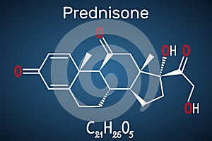 Prednisone molecule. A synthetic anti-inflammatory glucocorticoid derived from cortisone. Structural chemical formula on the dark photo