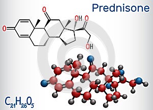 Prednisone molecule. A synthetic anti-inflammatory glucocorticoid derived from cortisone. Structural chemical formula and molecule photo