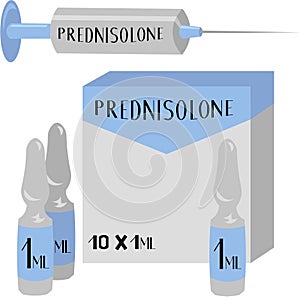 Prednisone. Steroid hormone. Medicine and pharmacy. Injection, syringe