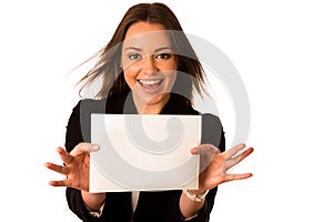 Preety assian caucasian woman holding a white card