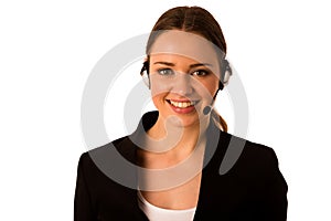 Preety happy asian caucasian business woman with headset