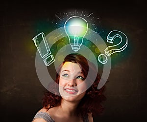 preety teenager with hand drawn light bulb illustration