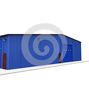 Prefab Blue steel building garage door on white. 3D illustration