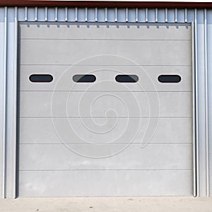 Prefab Steel Building garage door on white. 3D illustration