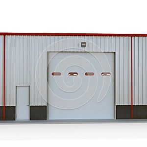 Prefab Steel Building garage door on white. 3D illustration