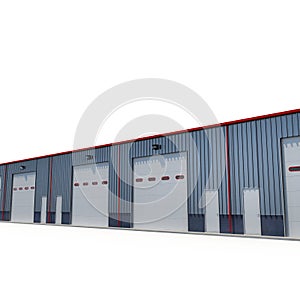 Prefab steel building garage door on white. 3D illustration