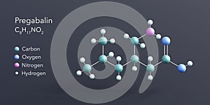 pregabalin molecule 3d rendering, flat molecular structure with chemical formula and atoms color coding