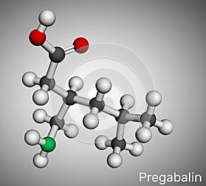 Pregabalin molecule. It is anticonvulsant, anxiolytic drug used to treat fibromyalgia and epilepsy. Molecular model. 3D rendering