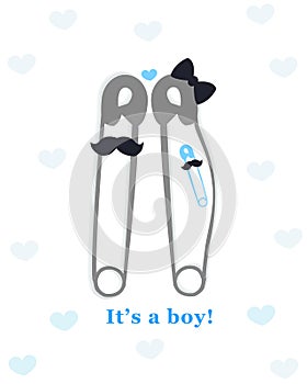 Pregnancy announcements with safety pin vector. Baby boy announcement greeting card