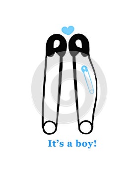 Pregnancy announcements with safety pin vector. Baby boy announcement greeting card