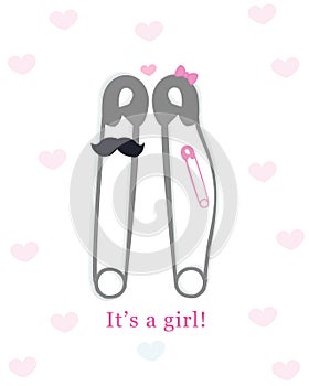Pregnancy announcements with safety pin vector. Baby boy announcement greeting card photo