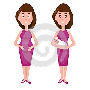 Pregnancy and birth cute cartoon vector illustration. Young pregnant woman and woman with newborn baby. new mom