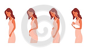 Pregnancy calendar concept. Woman goes from conception to childbirth. Stages of changes in female body during pregnancy