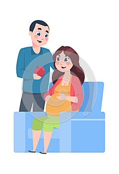 Pregnancy. Cartoon pregnant woman with husband. Happy man giving apple to wife. Isolated young parents expecting birth