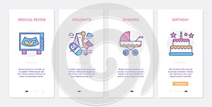 Pregnancy childbirth UX, UI onboarding mobile app page screen set with baby symbols