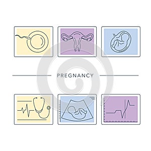 Pregnancy and childbirth. Vector line icons.