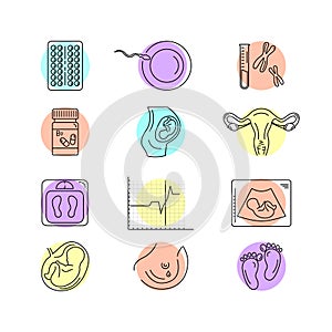 Pregnancy and childbirth. Vector line icons.