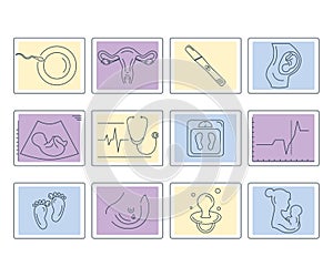 Pregnancy and childbirth. Vector line icons.