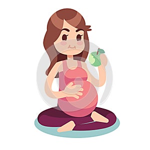 Pregnancy diet concept. Pregnant eating apple in lotus pose. Healthy food and fitness lifestyle vector illustration