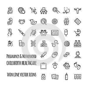 Pregnancy, fertilization and motherhood vector icon set. Gynecology, childbirth healthcare thin line icons set