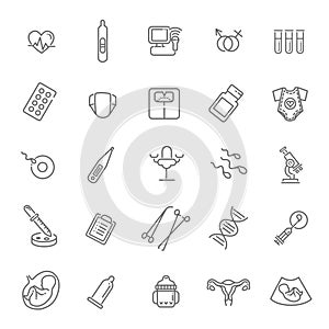 Pregnancy, gynecology, childbirth and motherhood line icons set