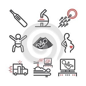 Pregnancy line icons set. Infographics. Vector signs for web graphics.