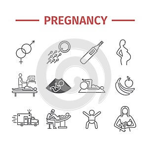 Pregnancy line icons set. Infographics. Vector signs for web graphics.