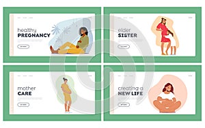 Pregnancy, Maternal Health, Prenatal Care Landing Page Template Set. Joyful Pregnant Women With Beaming Smiles