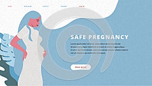 Pregnancy maternity banner. Woman prenatal care. Cute belly, long hair, family goals, childbirth. Tenderness in vector