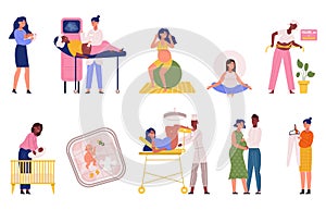 Pregnancy, maternity, childbirth, pregnant woman and newborn baby scenes. Pregnant woman daily activity, newborn baby