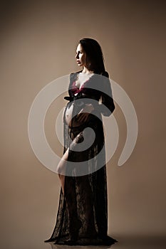 Pregnancy, maternity, preparation and expectation concept. Beautiful fashion pregnant woman holds hands on belly