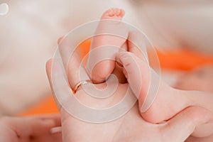 Pregnancy, maternity, preparation and expectation motherhood, giving birth concept. Newborn baby feet in hands of mommy