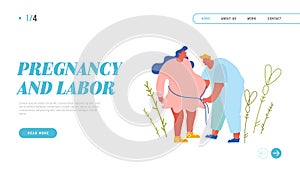 Pregnancy Medical Check Up Website Landing Page. Pregnant Woman at Doctor Appointment in Clinic. Medic Measuring Belly