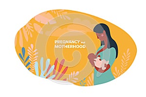 Pregnancy and motherhood. Lactation banner. Afro woman holding a newborn baby in her arms and breastfeeding. Mothers Day. The baby