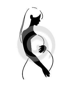 Pregnancy and motherhood, line drawing, logo, symbol. Pregnant woman, black silhouette isolated on white background. Mom