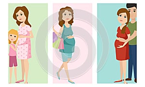 Pregnancy motherhood people expectation cards pregnant woman character life with big belly vector illustration