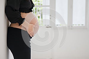 Pregnancy, motherhood, people and expectation concept, Cropped of pregnant woman standing on white background.