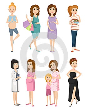 Pregnancy motherhood people expectation concept happy pregnant woman character life with big belly vector illustration