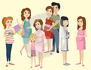 Pregnancy motherhood people expectation concept happy pregnant woman character life with big belly vector illustration