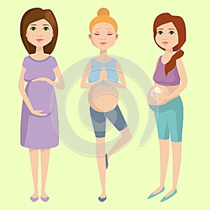 Pregnancy motherhood people expectation concept happy pregnant woman character life with big belly vector illustration