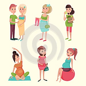 Pregnancy motherhood people expectation concept happy pregnant woman character life with big belly vector illustration